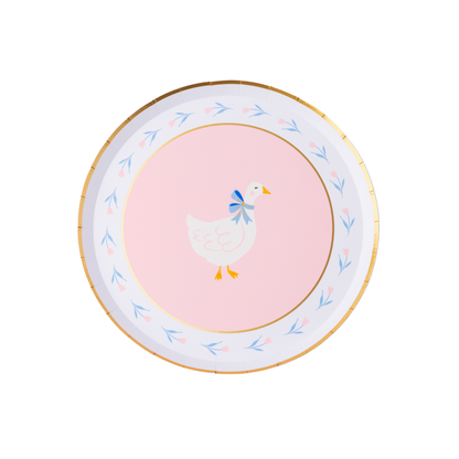 Pink goose paper plate with gold trim and floral details, available in Toronto and shipping across Canada