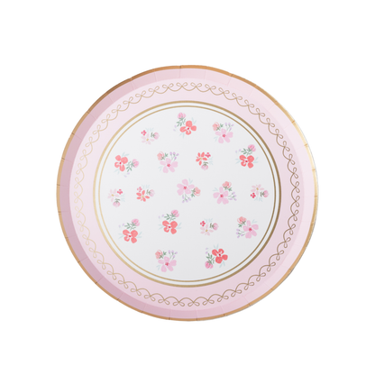 Petal pink watercolour floral dessert plate with delicate flowers and gold foil details