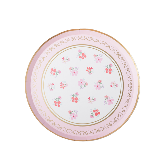Petal pink watercolour floral dessert plate with delicate flowers and gold foil details