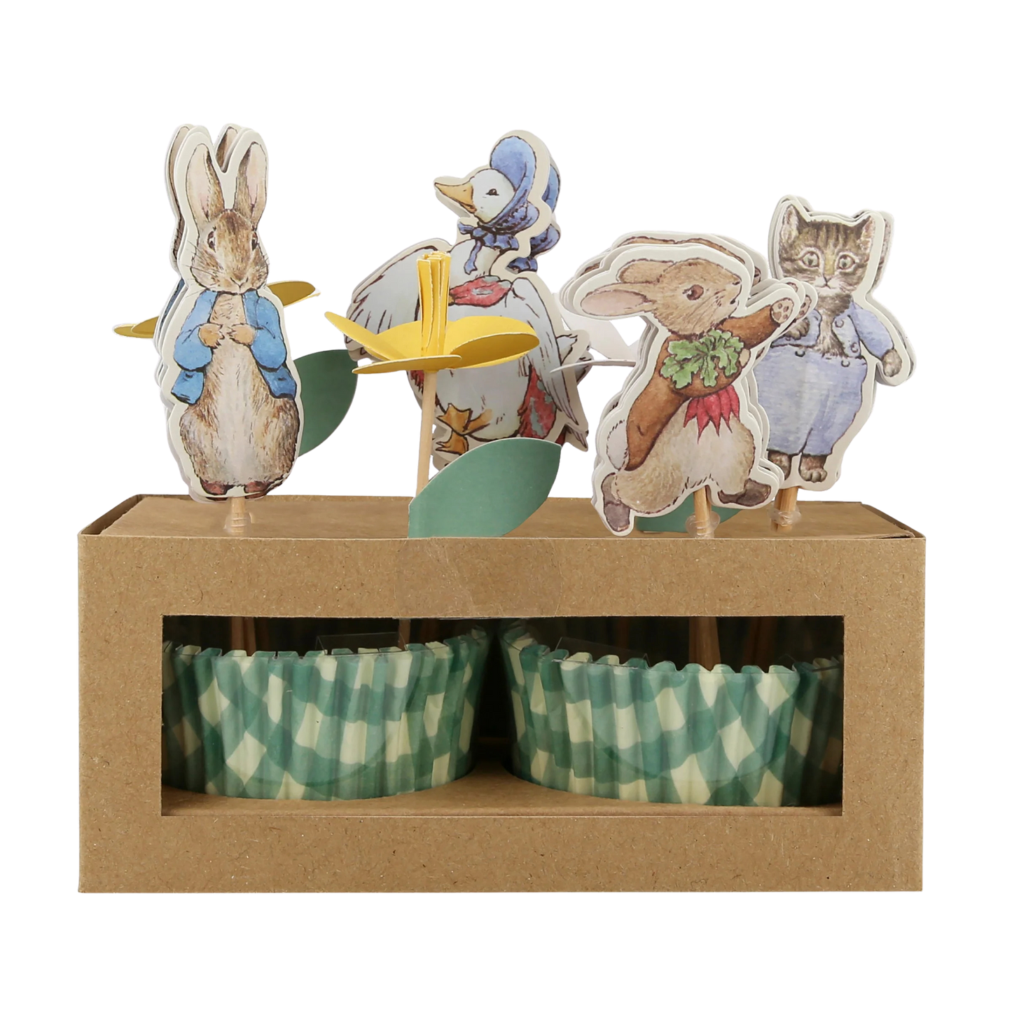 Peter Rabbit in the Garden cupcake kit by Meri Meri with character toppers and green checkered cases, sold in Toronto at Confetti My Party.