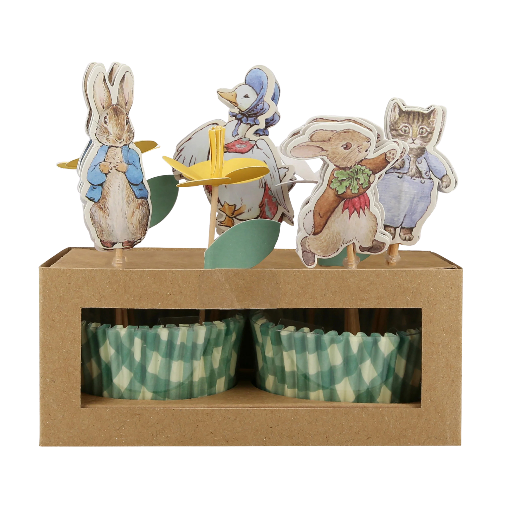 Peter Rabbit in the Garden cupcake kit by Meri Meri with character toppers and green checkered cases, sold in Toronto at Confetti My Party.