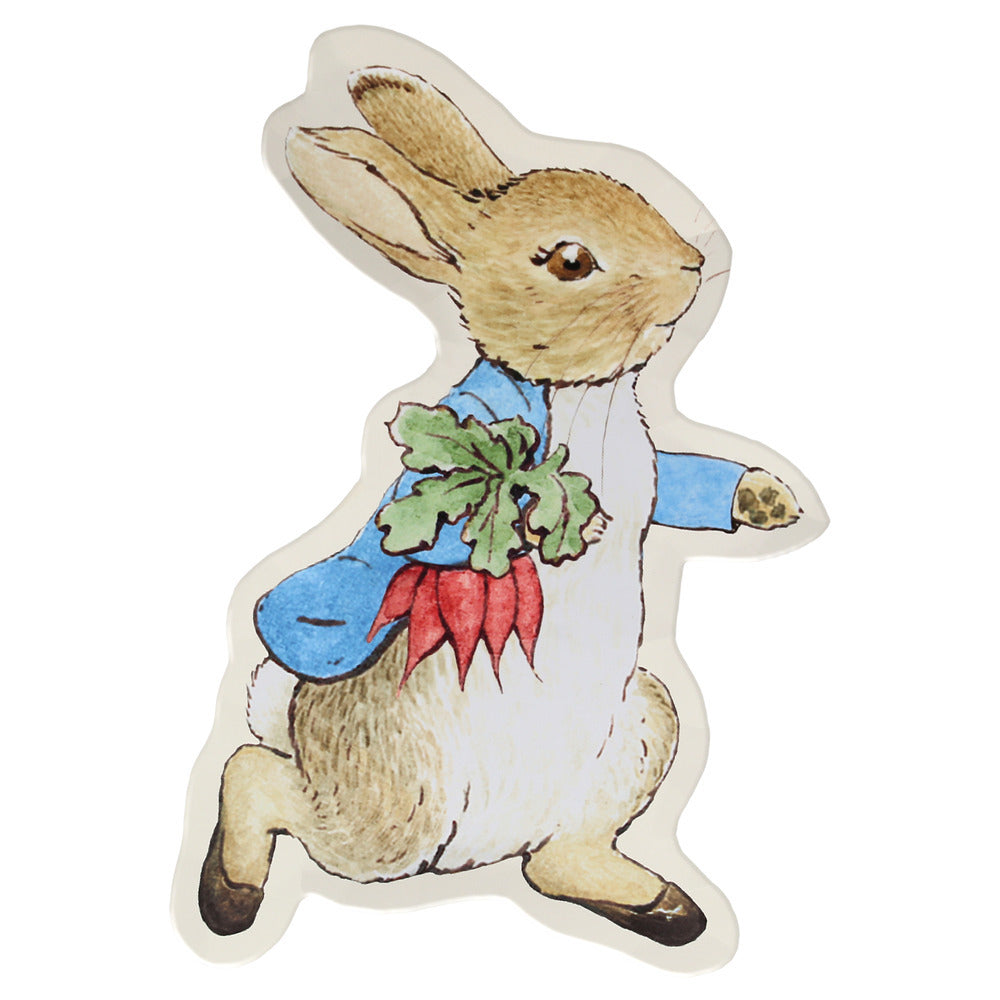 Peter Rabbit reusable plate by Meri Meri, shaped bamboo mix plate with blue jacket and carrots, available at Confetti My Party and ships across Canada.