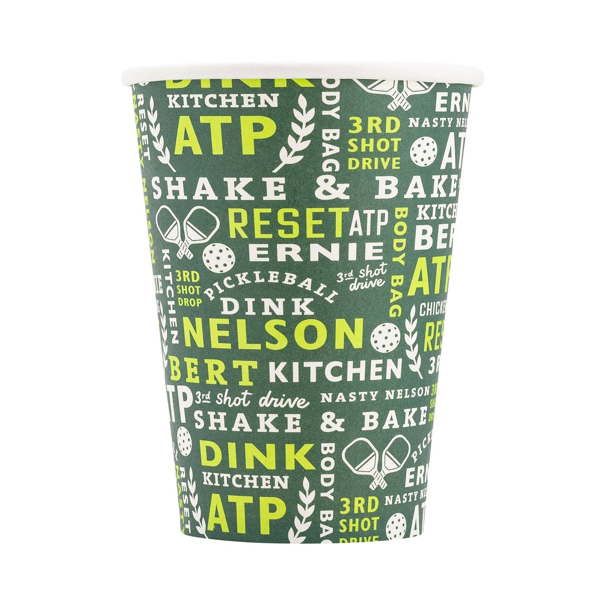 pickleball paper cups in shades of green and white 