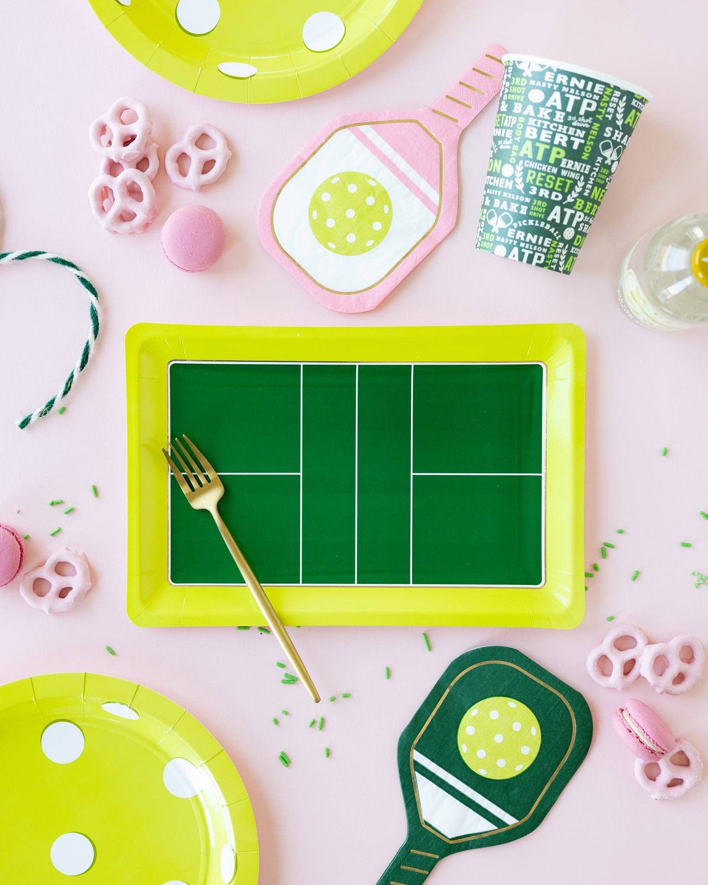pickleball party supplies in pink and green 