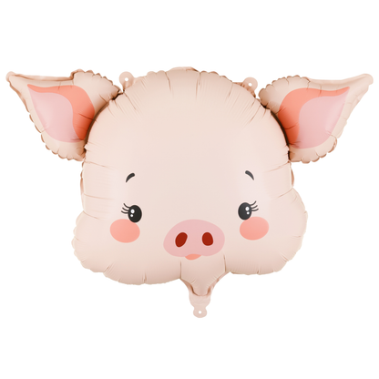 Cute pig foil balloon in soft blush tones with rosy cheeks, perfect for farm-themed party decor available at our Toronto party shop.