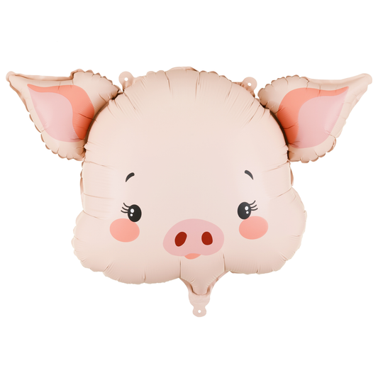 Cute pig foil balloon in soft blush tones with rosy cheeks, perfect for farm-themed party decor available at our Toronto party shop.