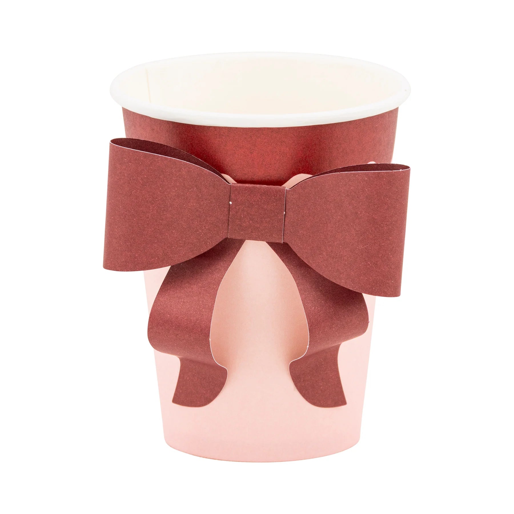 Pink paper cup with 3D burgundy bow detail, elegant holiday drinkware from Toronto party shop Confetti My Party.