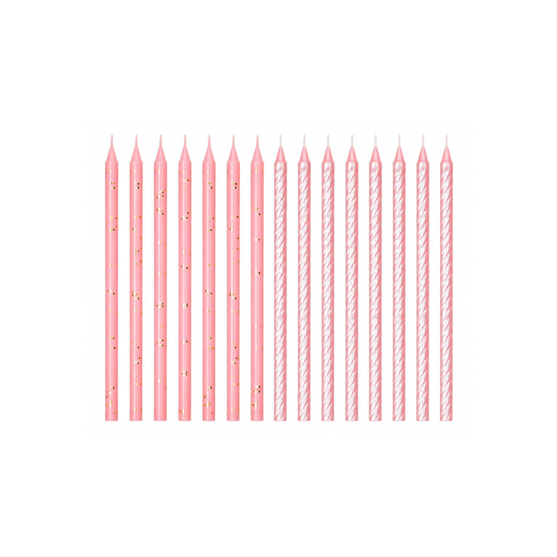 A set of pink taper candles arranged in two rows on a plain white background. The left side has thin solid pink candles with small gold speckles, and the right side has striped pink-and-white candles.