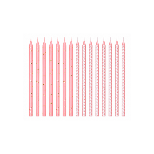 A set of pink taper candles arranged in two rows on a plain white background. The left side has thin solid pink candles with small gold speckles, and the right side has striped pink-and-white candles.