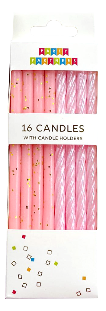 Pack of pink candles with holders in a white box