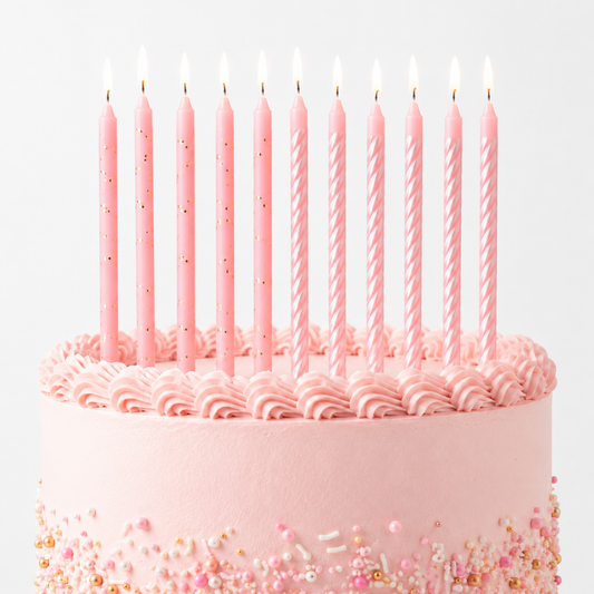 A pink frosted birthday cake with ten lit pink taper candles on top, decorated with sprinkles around the base, against a clean white background.