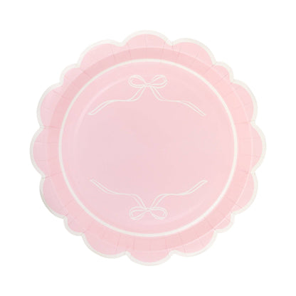 Pink scalloped paper plate with subtle bow illustration, sold in Toronto at Confetti My Party