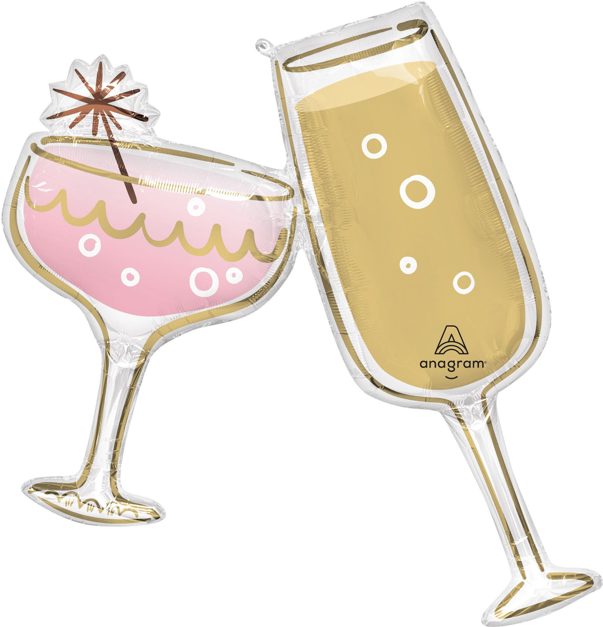 Pink cocktail and gold champagne glass foil balloon with metallic gold accents and a sparkling cocktail garnish. Pick up in Toronto and Canada-wide shipping available.