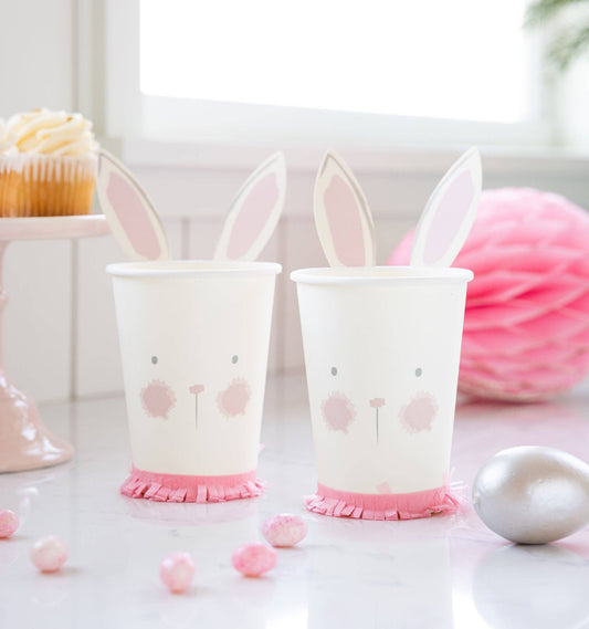Bunny Easter paper cups with pink bunny faces and ear details styled on a spring party table, sold in Toronto at Confetti My Party