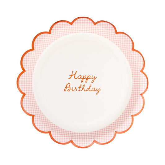 Pink gingham Happy Birthday paper plate with scalloped edge