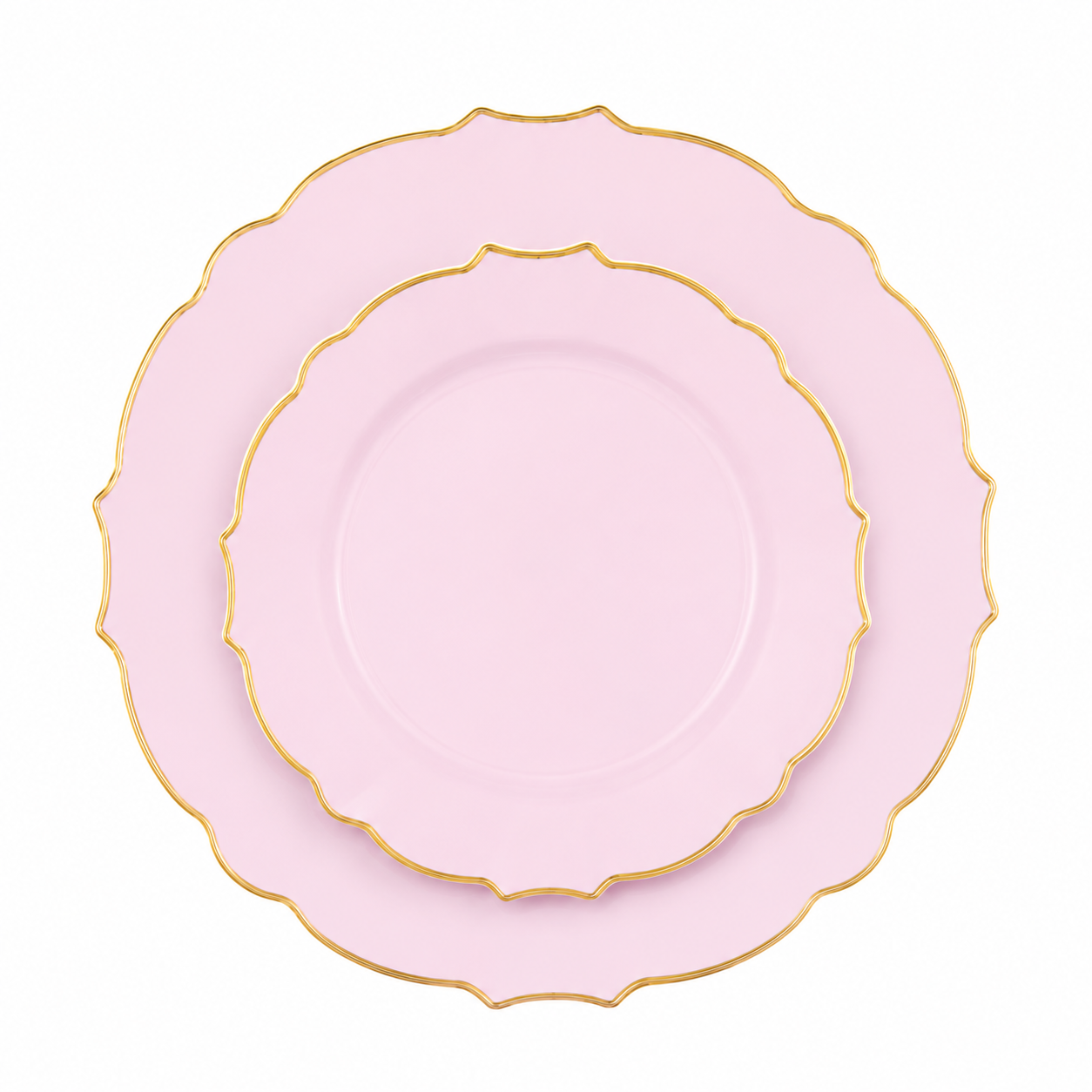 BABY PINK & GOLD SCALLOPED REUSABLE PLATES | 16 DINNER + 16 DESSERT