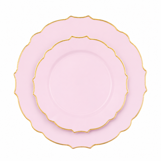 BABY PINK & GOLD SCALLOPED REUSABLE PLATES | 16 DINNER + 16 DESSERT