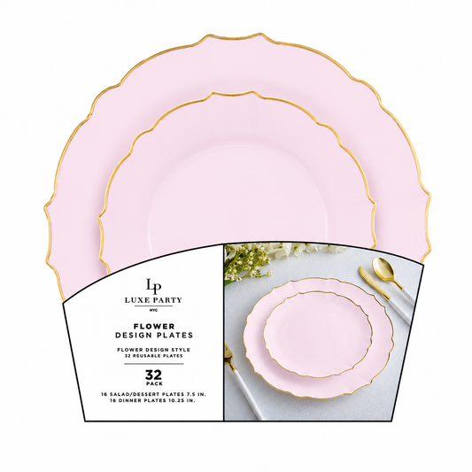 BABY PINK & GOLD SCALLOPED REUSABLE PLATES | 16 DINNER + 16 DESSERT