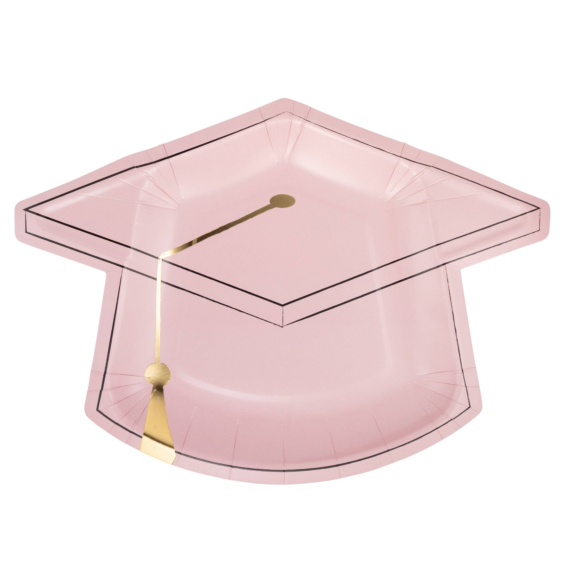 Pink graduation cap–shaped paper plate with gold foil tassel detail
