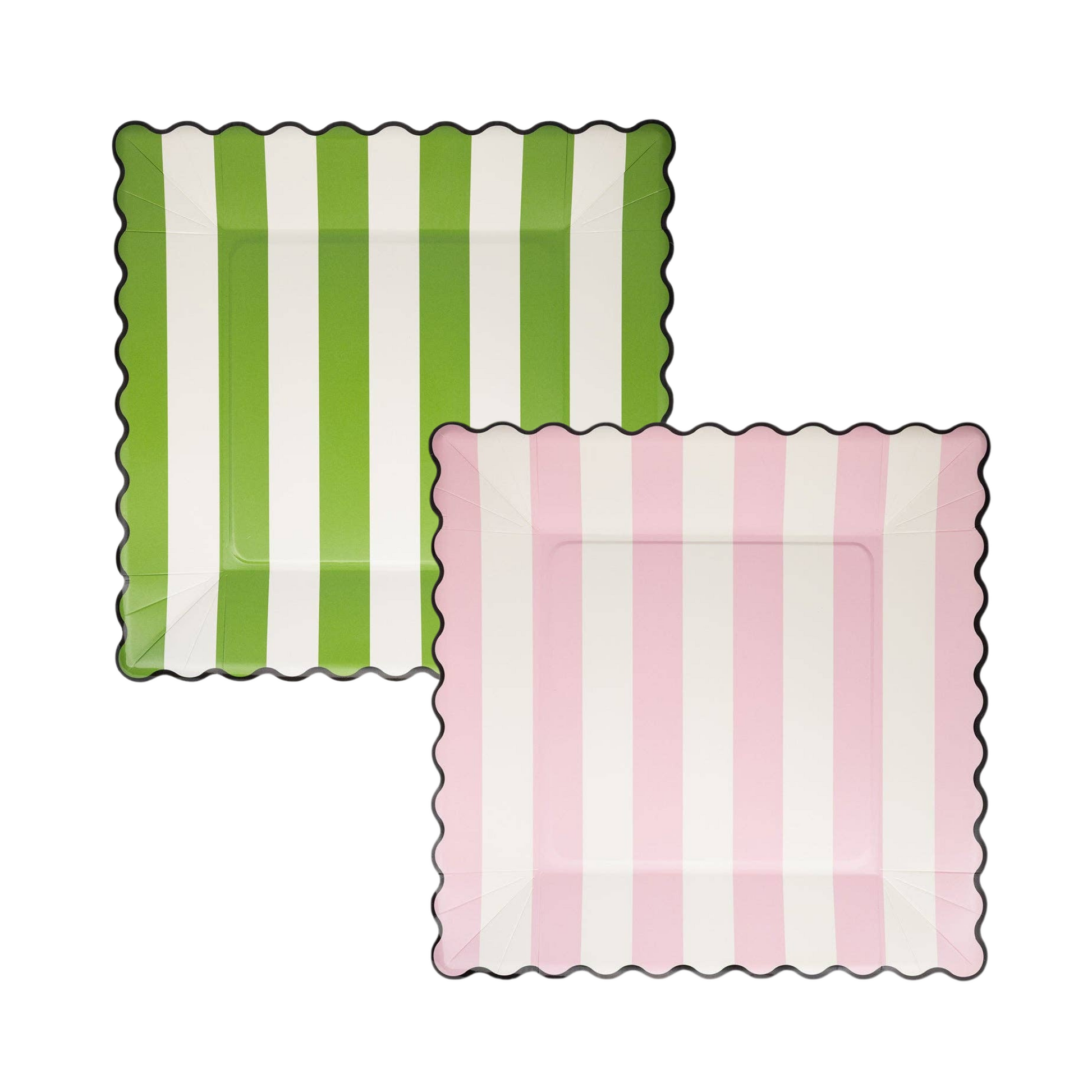 Pink and green striped scalloped plates inspired by Glinda and Elphaba from Wicked, part of our Halloween party collection.