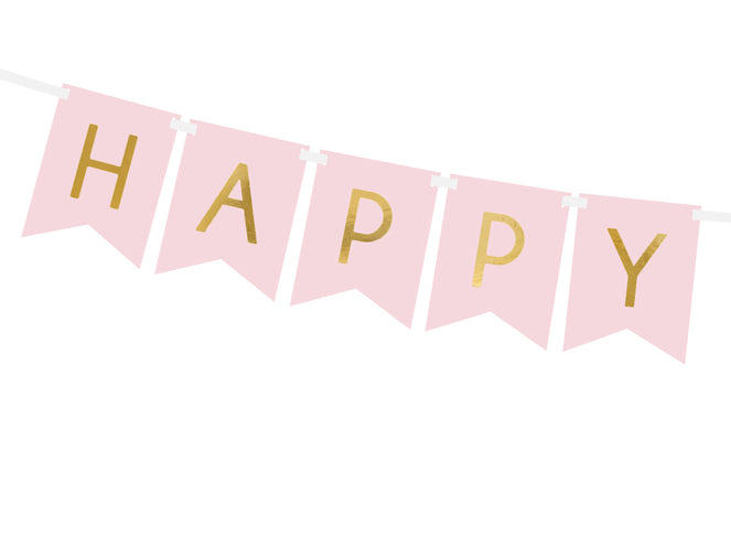 Close-up of pink banner flags with gold lettering, DIY birthday décor sold in Toronto and shipping across Canada.