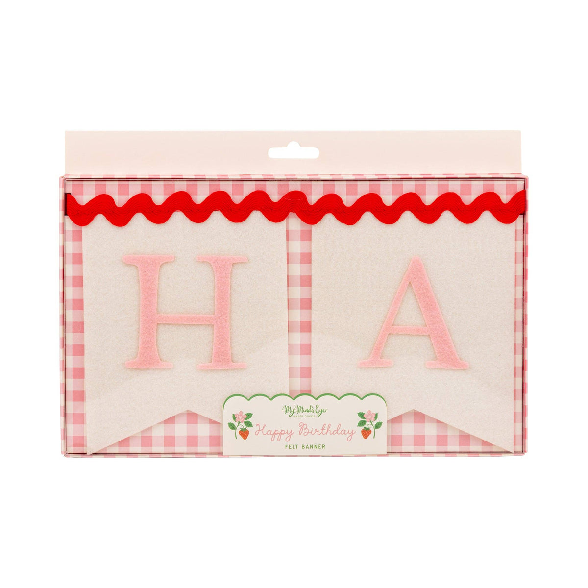 ink Happy Birthday felt banner with cream pennants and red ric rac trim in packaging
