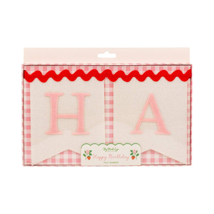 ink Happy Birthday felt banner with cream pennants and red ric rac trim in packaging