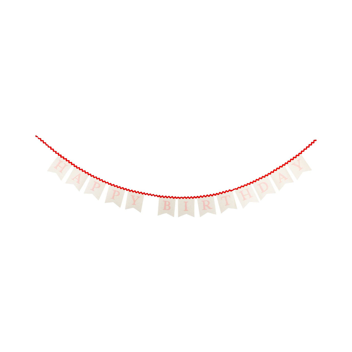Pink Happy Birthday felt banner with cream pennants and red ric rac ribbon
