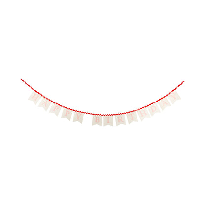 Pink Happy Birthday felt banner with cream pennants and red ric rac ribbon