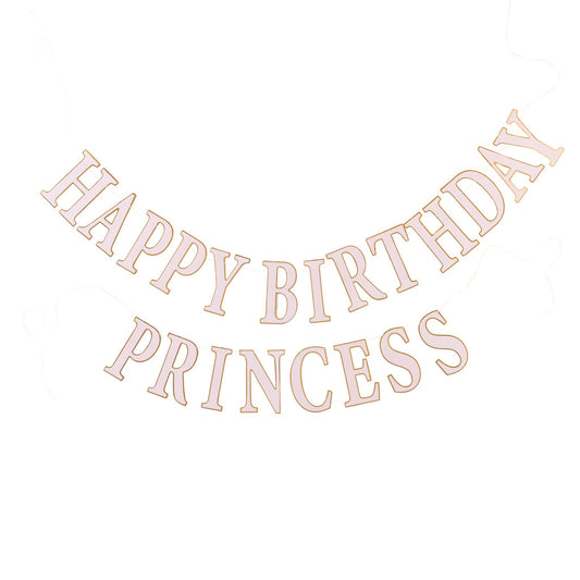Pink Happy Birthday Princess paper banner with gold foil accents
