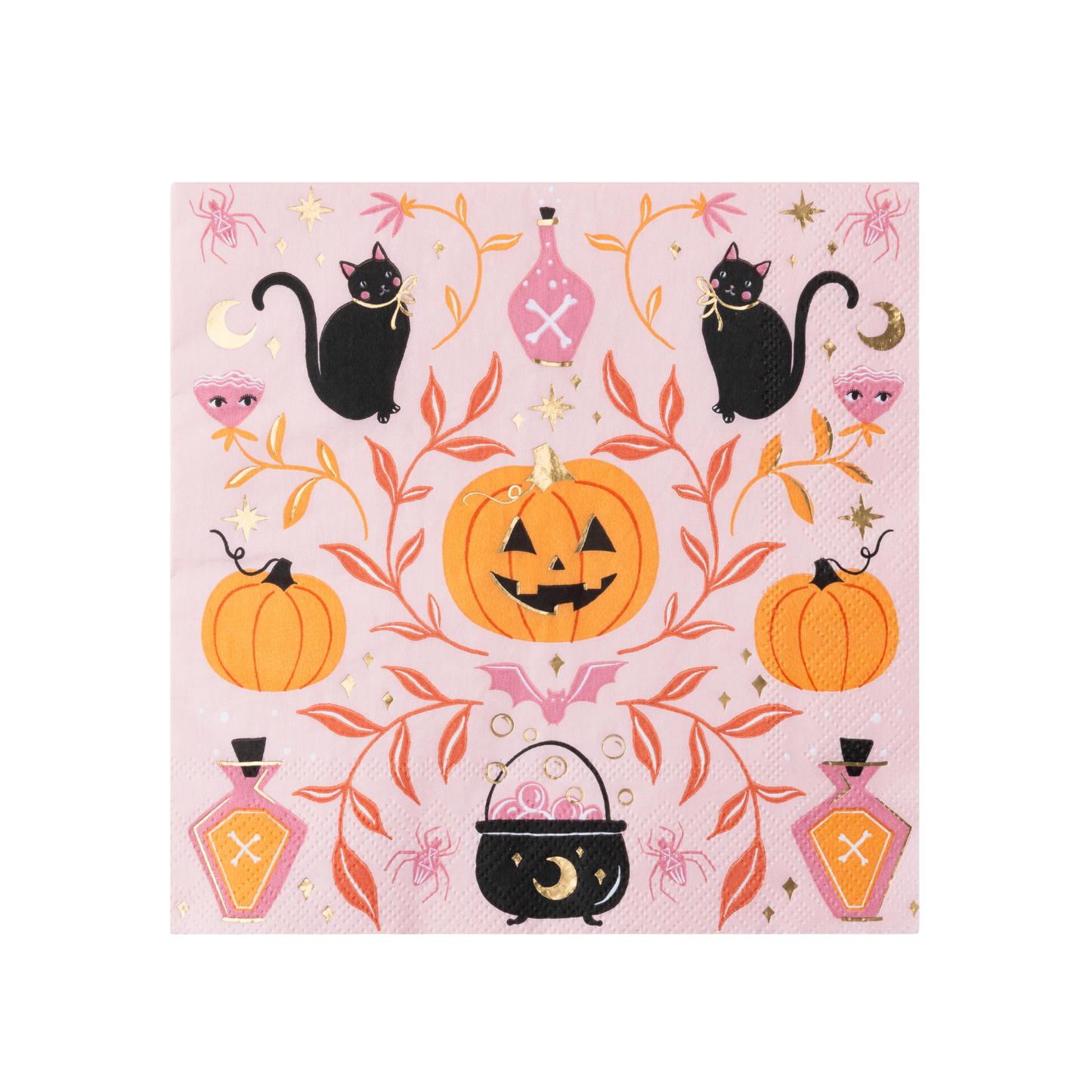 Pink Halloween napkins with jack-o'-lanterns, black cats, bats and gold foil details