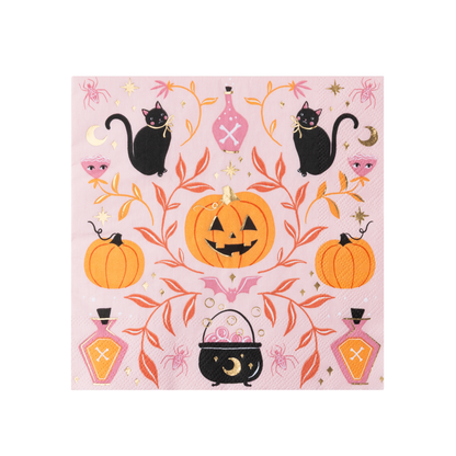 Pink Halloween napkins with jack-o'-lanterns, black cats, bats and gold foil details