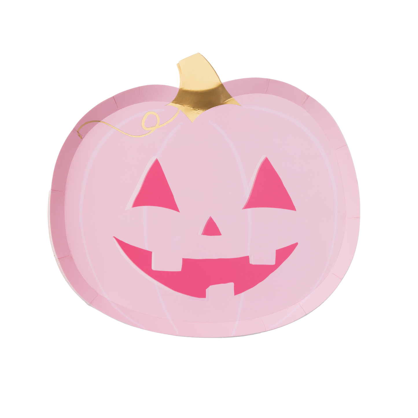 Pink jack-o'-lantern shaped Halloween paper plate with gold foil stem