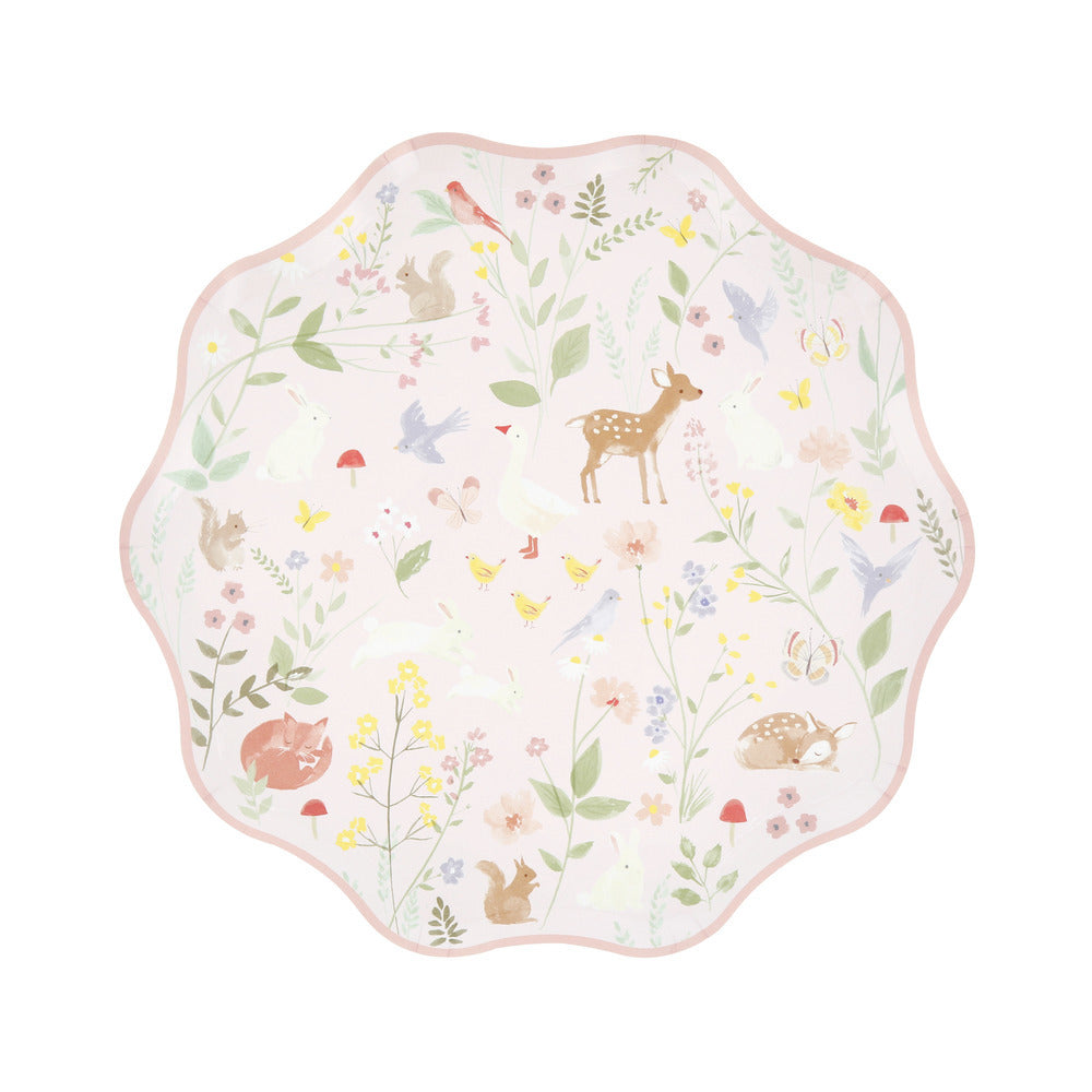 Pink Meri Meri little animals scalloped side plates with woodland animals and florals, available at our Toronto party shop.