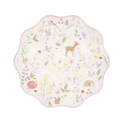 Pink Meri Meri little animals scalloped side plates with woodland animals and florals, available at our Toronto party shop.