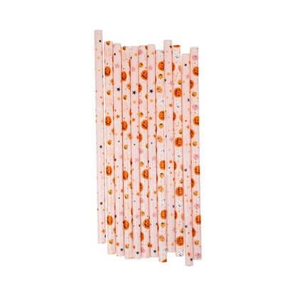 Pink Halloween paper straws with orange pumpkins, stars and playful spooky designs.