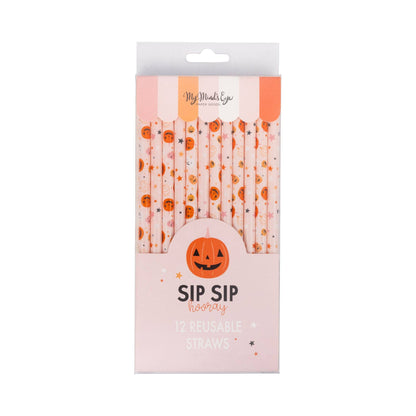 Pink Halloween paper straws with orange pumpkins, stars and playful spooky designs packaged.