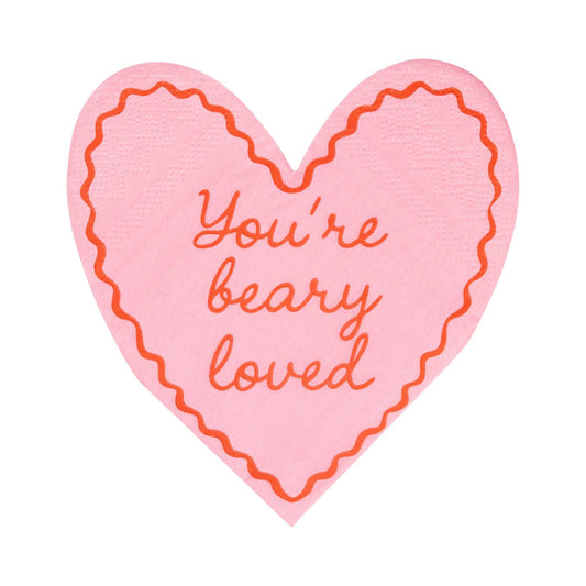 “You’re Beary Loved” pink heart shaped napkins with red script, sold in Toronto at Confetti My Party