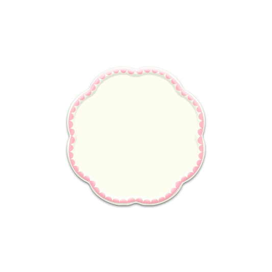 Blush pink scalloped dessert plate with soft pastel border, perfect for baby showers, birthday celebrations and tea parties.