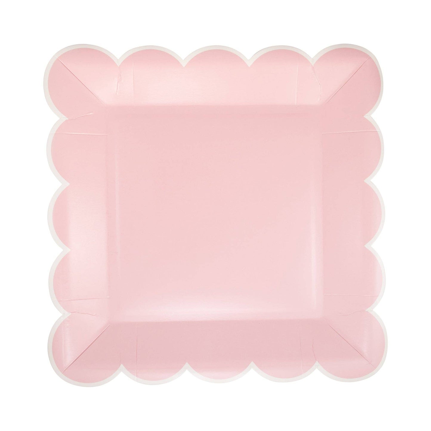 Pink scalloped square paper plate for birthdays, showers and parties