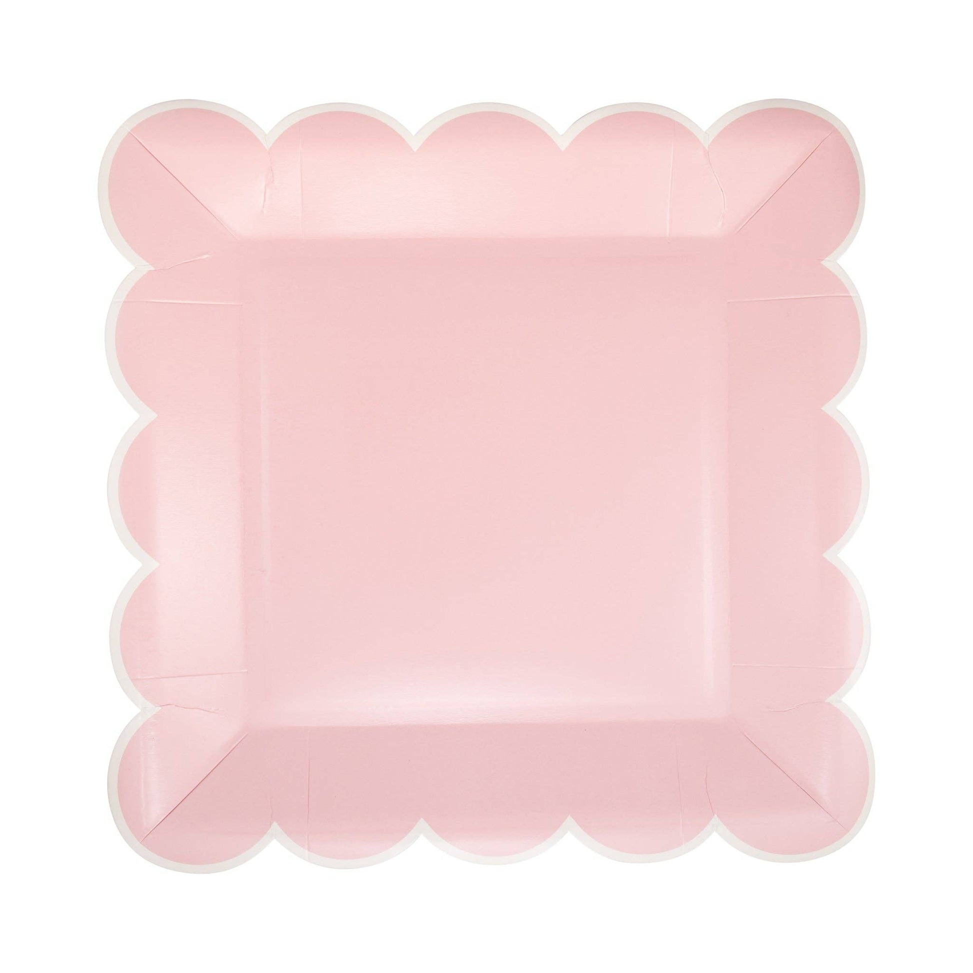 Pink scalloped square paper plate for birthdays, showers and parties
