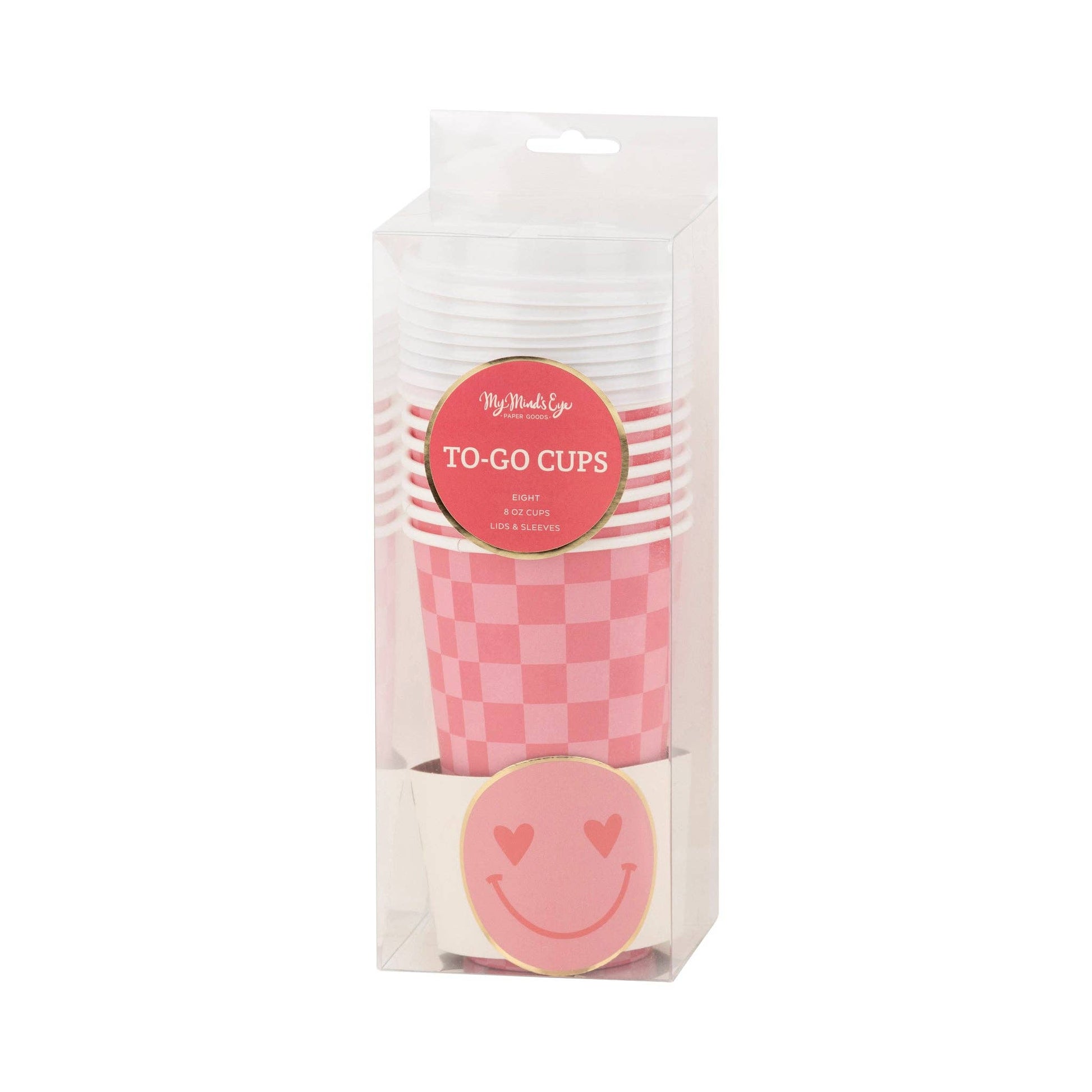 Pack of pink checkered to-go cups with a smiley face design on a white background