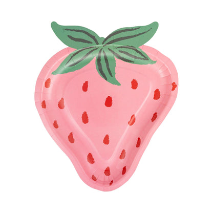 Pink strawberry shaped paper plate with red seed details and green leaves