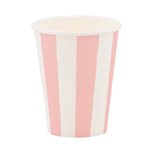 Pink and white striped disposable party cup, pack of 8. Perfect for celebrations across Canada. Sold at Confetti My Party.