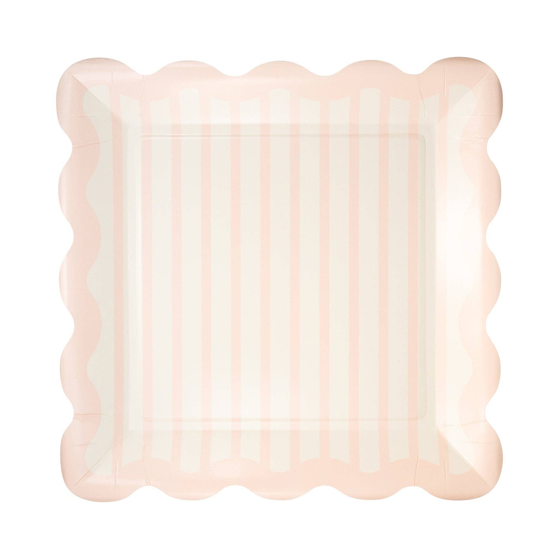 Pink striped scalloped plates styled at a baby shower table with matching party supplies available at our Toronto party shop.