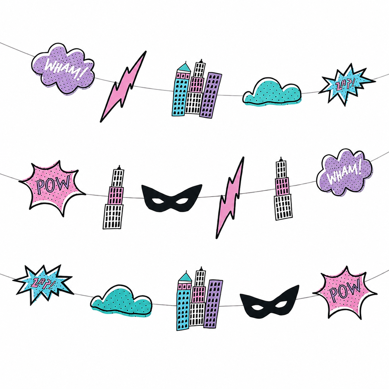 Superhero-themed party banner garland featuring comic book elements including purple and pink 'POW!' and 'WHAM!' clouds, a teal cloud, black-and-white skyscrapers, pink lightning bolts, and black masks on a white background.