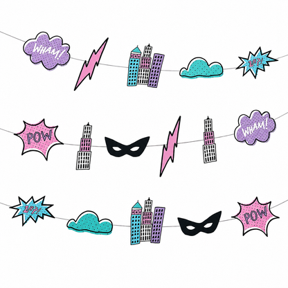 Superhero-themed party banner garland featuring comic book elements including purple and pink 'POW!' and 'WHAM!' clouds, a teal cloud, black-and-white skyscrapers, pink lightning bolts, and black masks on a white background.