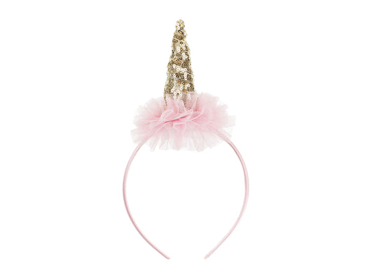 Unicorn Twirl Pink Sparkle Headband with gold sequin horn and pink tulle from Confetti My Party Toronto