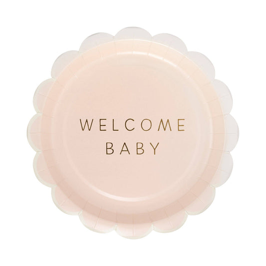 Blush pink scalloped paper plate with gold ‘Welcome Baby’ text, available at Toronto Party shop.