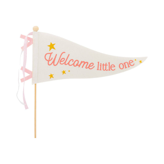 Pink felt pennant with gold stars and ‘Welcome Little One’ text, perfect for Toronto baby showers or gender reveals.